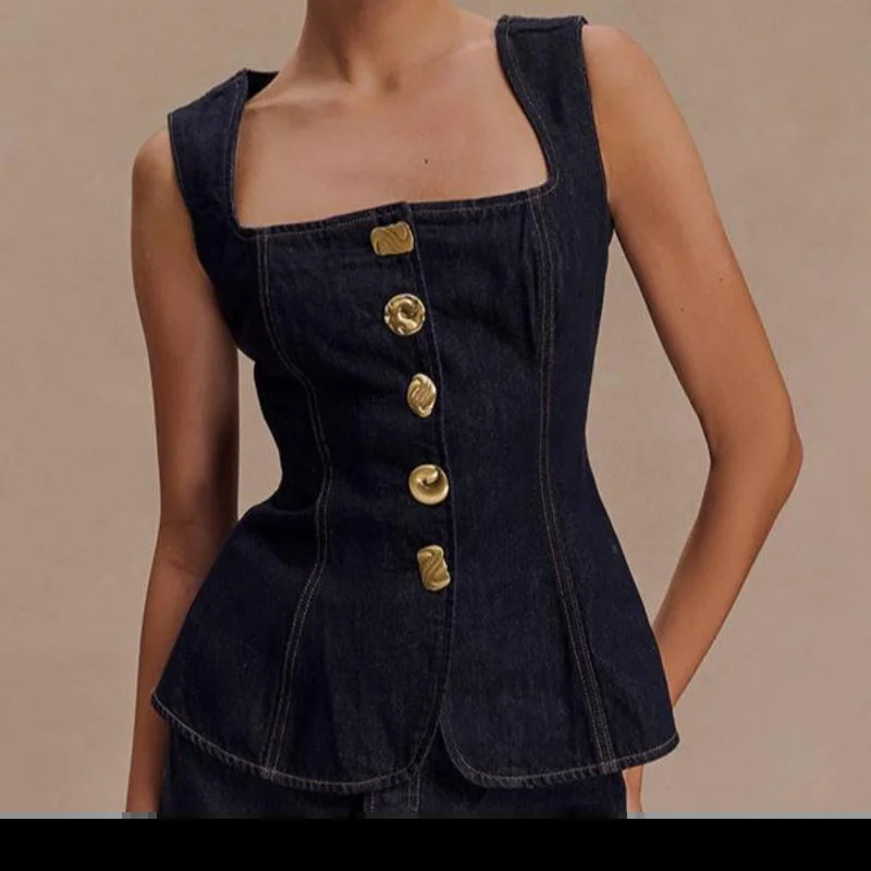 Women Vintage Denim Top Pant Set Square Collar Single Breasted Tank High Waist Jeans Female Sets Fashion Y2k Outfits 250604
