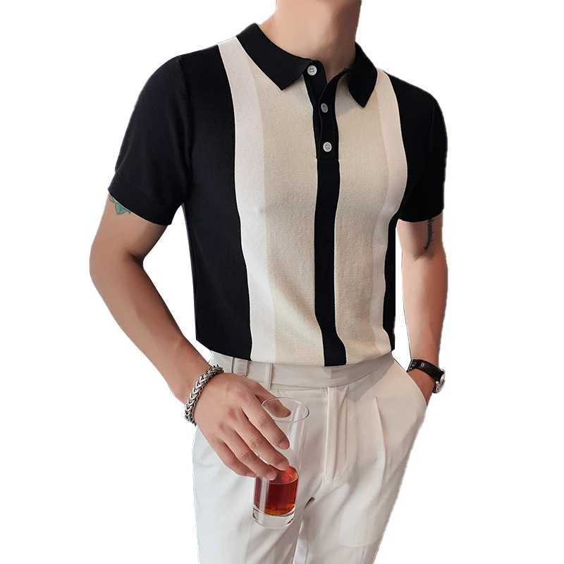 British Style Summer Fashion Color Matching Short Sleeve Polo Shirt Men High Quality Knitted Slim Fit Lapel Button Tee Shirt Top XJ250605