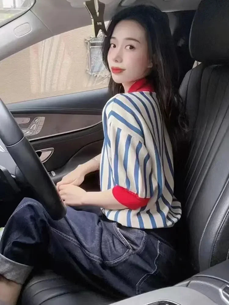 Womens Polo Shirts Striped Cute Female Tee Button Kawaii Offer Free Tshirts y Youth in Trend Clothing 250604