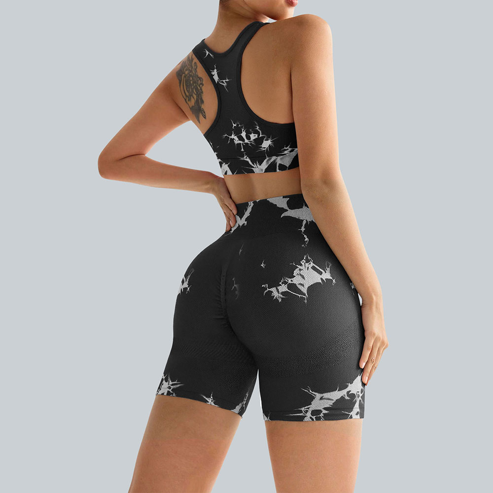 Outdoor sports and fitness tie dye seamless bra and women's high waist and hip lifting peach shorts two-piece set