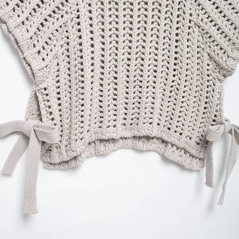 Women Fashion Beige Side Bow Lace Up Slit Knitted Pullover Sweater Vintage ONeck Short Sleeves Female Chic Lady Tops 250530