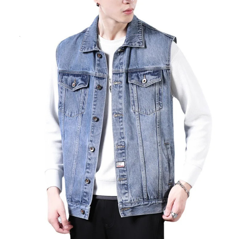 Mens Spring Fashion Loose Denim Vest Coat Korean Casual Handsome Lapel Singlebreasted with Pockets Men 250605Z