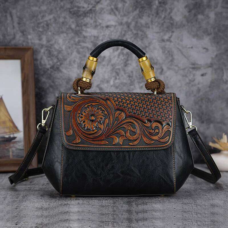 Johnature 2025 New Vintage Emed Women Bag Versatile Leather Handbag Large Capacity Handmade Female Shoulder Bags 2025/06/05