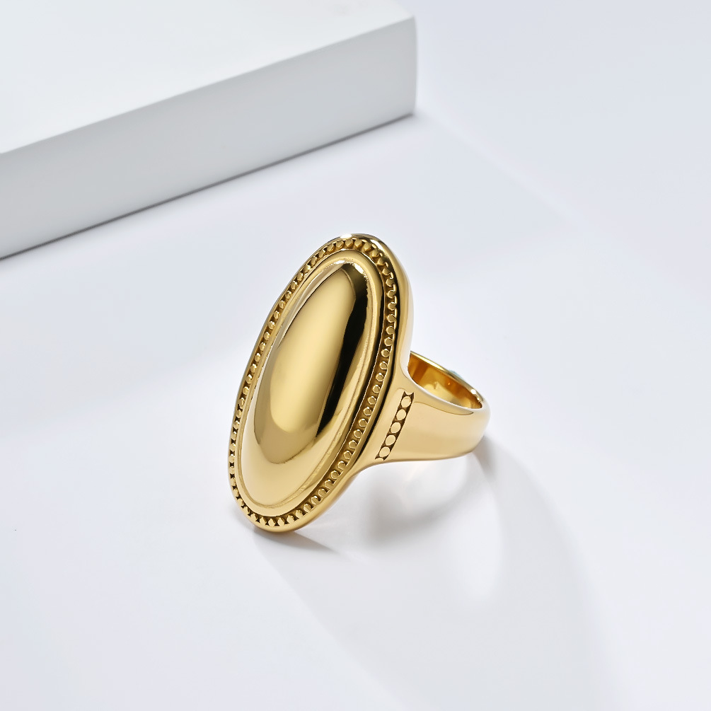 Vintage Simple Oval Ring Stainless Steel High Polished 18K Gold Plated Jewelry