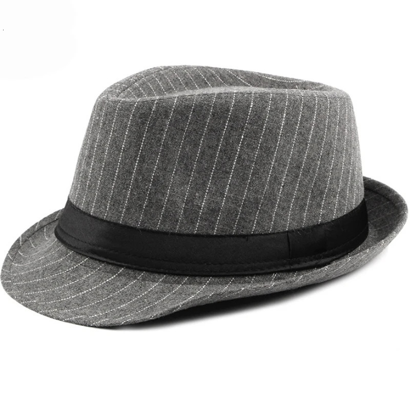HT1516 Fashion Men Fedora Hat British Style Striped Trilby Hat Classic Retro Derby Bowler Jazz Hat Casual Grey Black Fedoras 250605