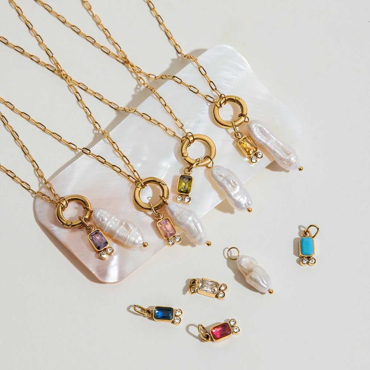 Youthway Natural Pearls And Color Zirconia Pendant Necklace Stainless Steel Jewelry 12 Birthstones Lucky Pendant Necklace Gift XJ250604