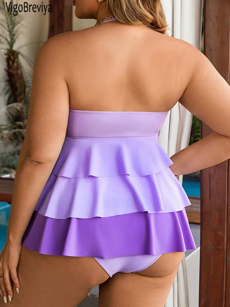 VigoBreviya Ruffle 2 Piece Plus Size Tankini Set Women Solid Patchwork Curvy Dress Swimsuit Beach Lady Big Bathing Suit 250604
