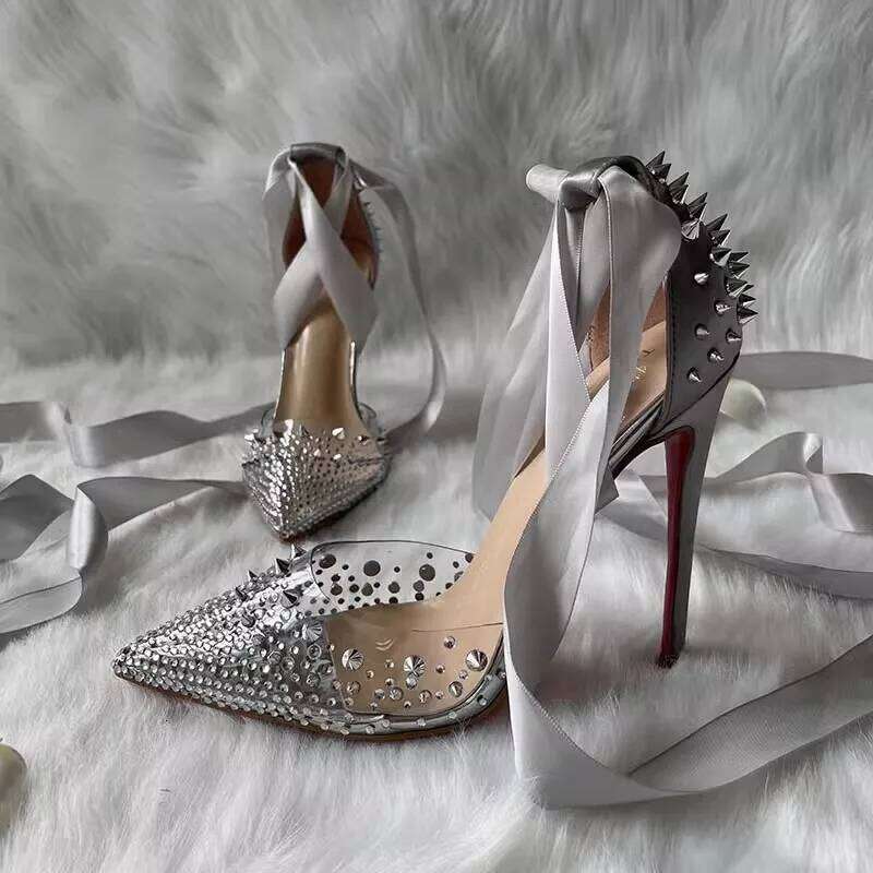 Spring and summer new rivet rhinestone pointed toe PVC lace-up shoes thin high-heeled dress large small size women's sandal