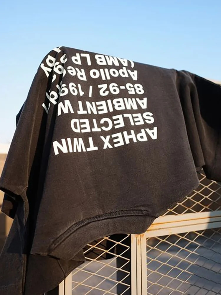 Men T-Shirt Aphex Twin Washed Black Print Cotton Graphic Oversized Korean Fashion Short Sleeve Tops Tees Y2k Streetwear Clothing 250605