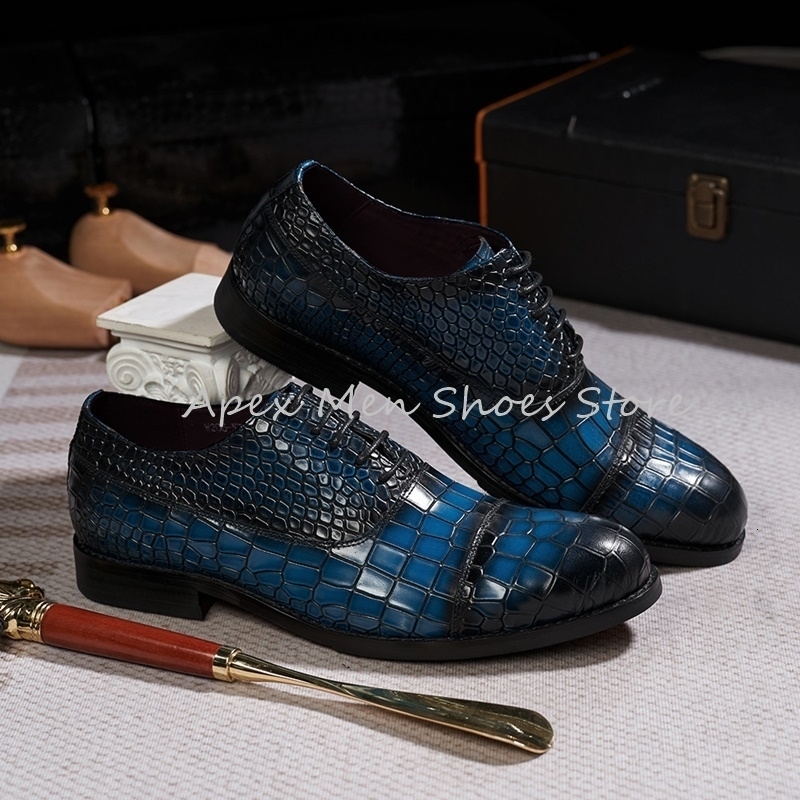 Blue Pattern Dress Shoes Genuine Leather Formal Oxfords Lace Up Business Wedding Party Mens Footwear 250526