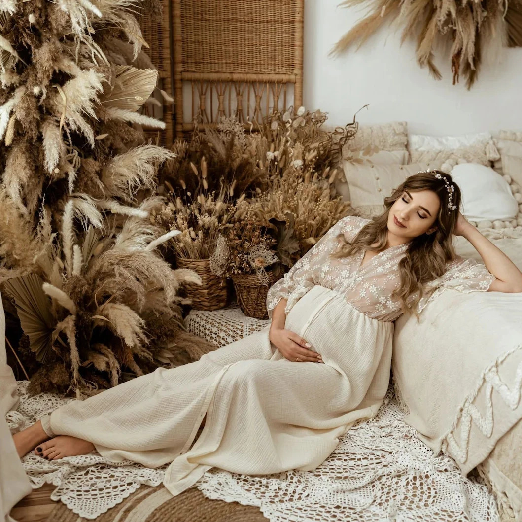Boho Cotton Maternity Po Shoot Dress Beige Bohemian Lace Stiches Cotton Pregnant Woman Pography Long Dresses 250530