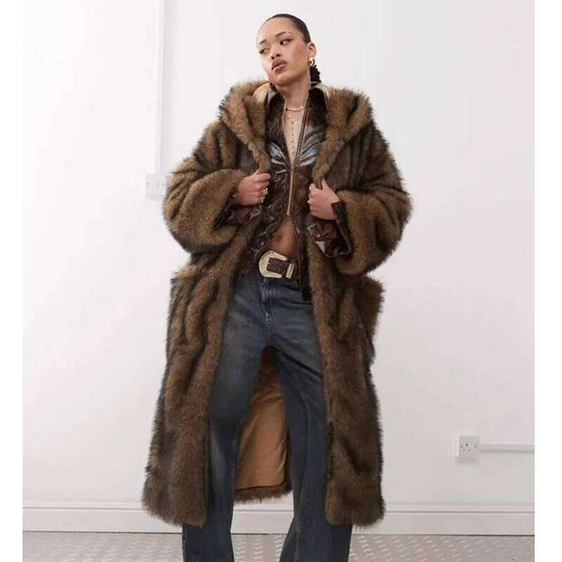 New faux fox fur Wolf skin coat, women's long winter thick and hooded