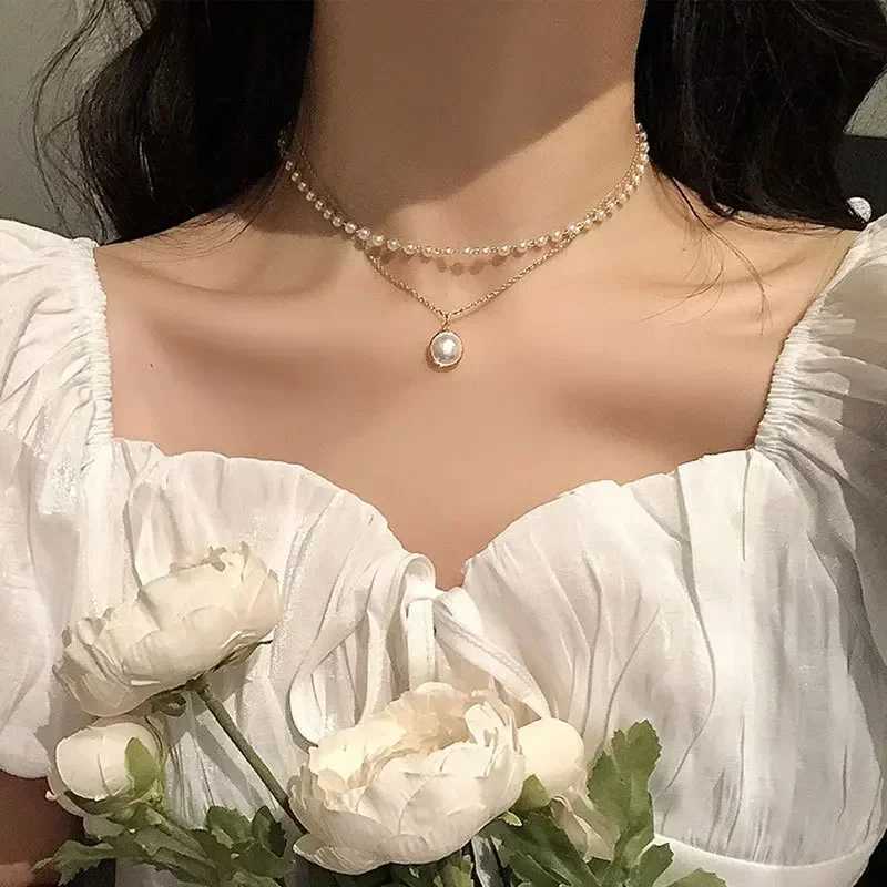 2025 New Womens Pearl Necklace Kpop Gold Color Beads Pendant Necklaces Goth Double Layer Chain Choker for Women Fashion Jewelry XJ250604