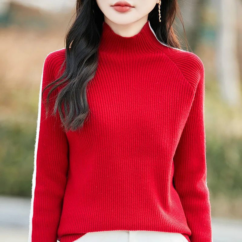 Spring 2025 100 Pure Wool Sweater Ladies SemiHigh Neck Loose Pullover Fashion Long Sleeve Color Matching Knit Base Shirt 250530