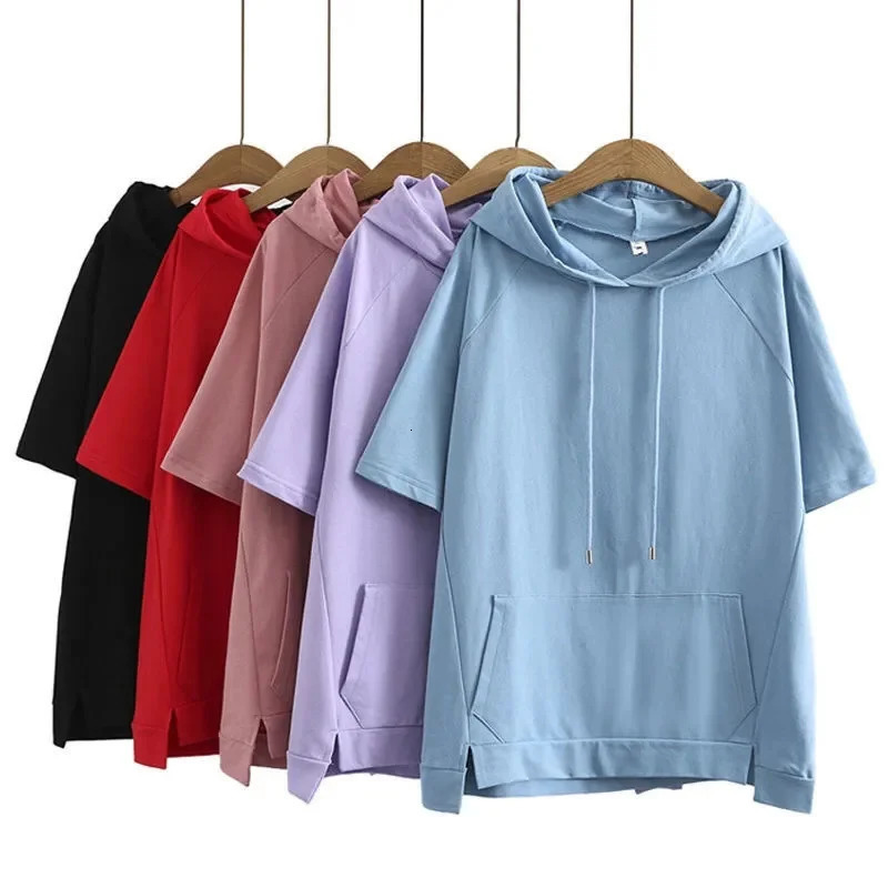 Oversize 4XL Loose Sweatshirts Women Cotton Hoodies Summer Shortsleeves Thin Tees Female Casual Pullover Tops Outerwear 250604