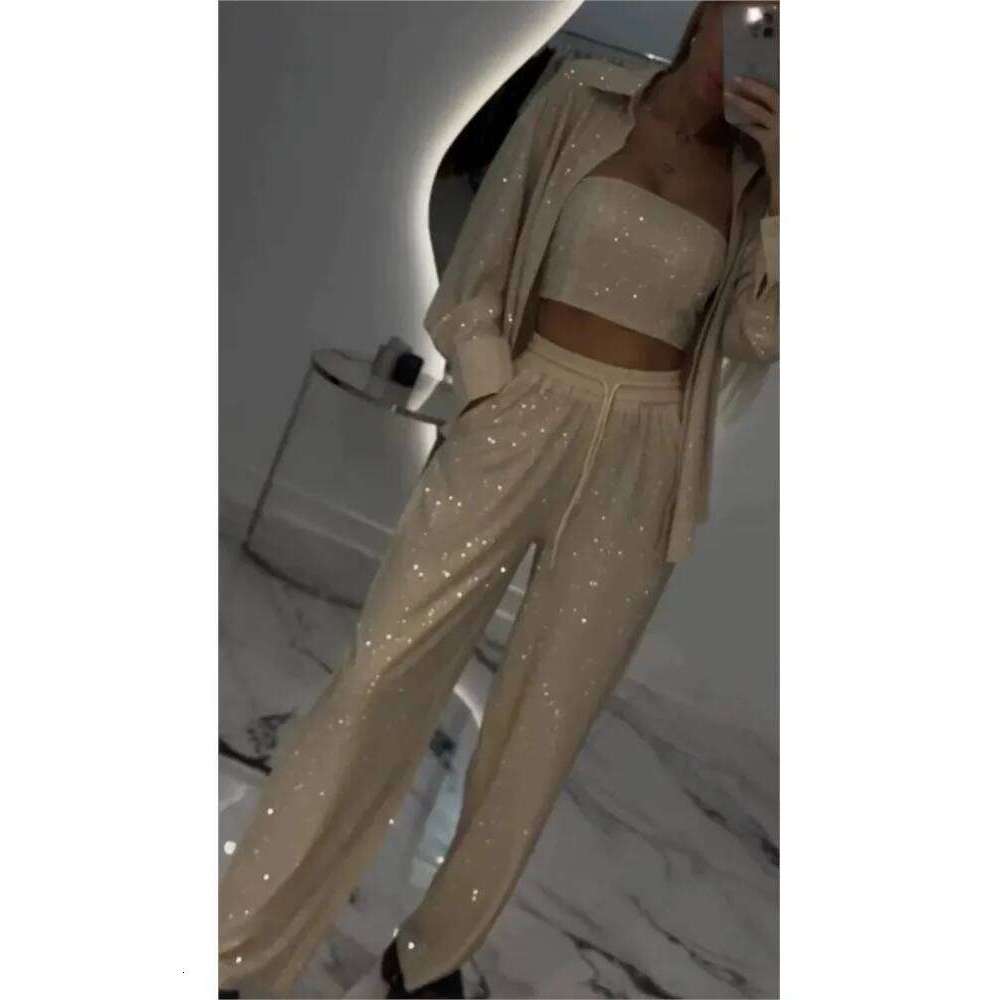 2025 Spring New Fashion Sequin Women 3 Piece Sets Elegant Club Party Multi-color Outfit Casual Lapel Shirt Wide Leg Pant Set