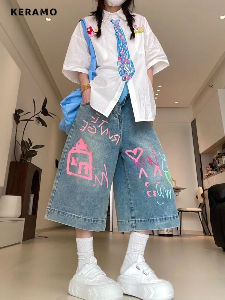 Y2K Heart Printing Calf Length Denim Trouser Vintage Casual Emo Blue Pants Womens Street Grunge 2000s High Waist Jeans 250604