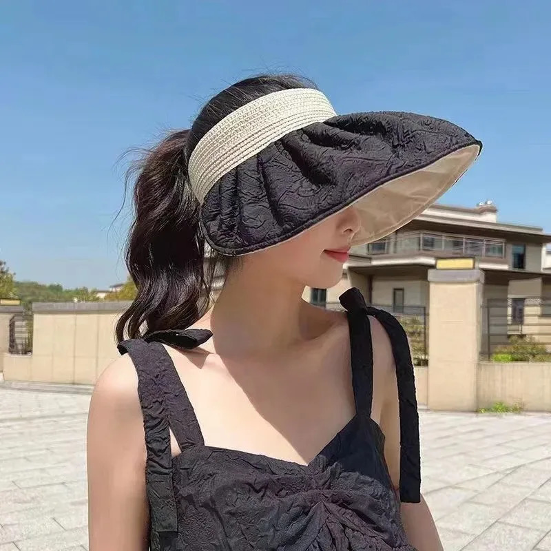 Summer Straw Empty Hat Women Travel Sunshade Sunblock Large Eaves Anti-UV Temperament All Top Hat Tidal Sun Straw Hat 2025 250603