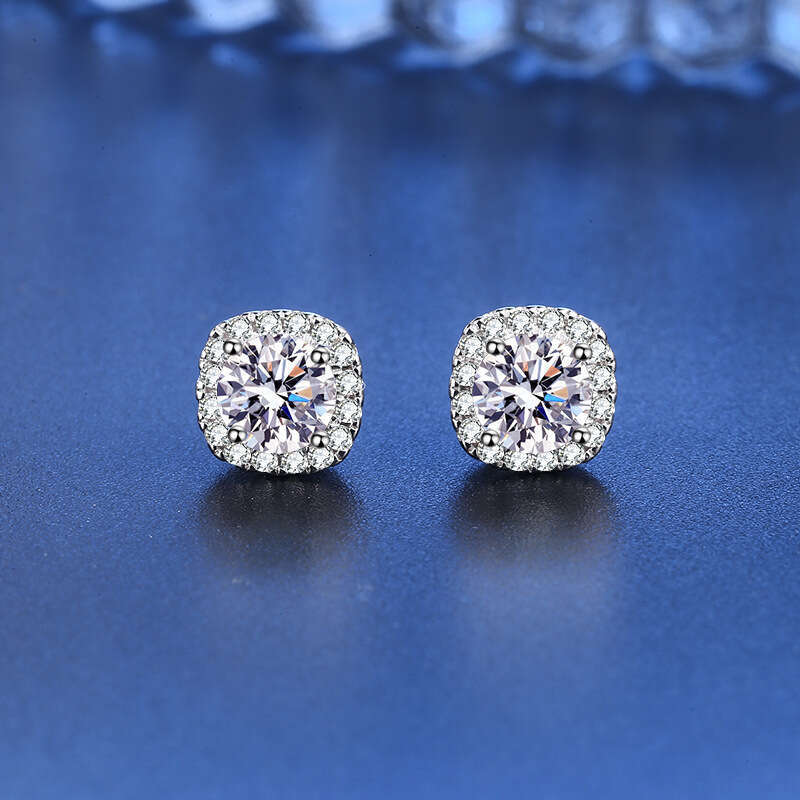 DHGADGETS 925 Sterling Silver Princess Cut Moissanite Stud Earrings Square Halo CZ Setting for Women Elegant Jewelry