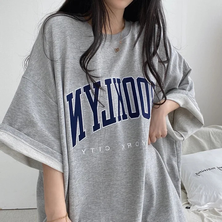 Hip Hop Short Sleeve Korea O Neck Oversized Cotton Summer Women Harajuku Letter Print Sweatshirts Gray Vintage Loose Fleece Tops 250604