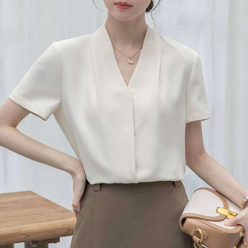 2025 Fashion Summer Short Sleeve V-Neck White Blouse Shirt Women Tops Blouses Shirts Blusas Para Mujer Camisas Xl86