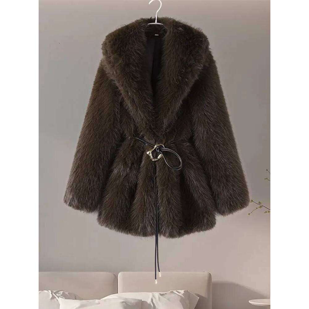 Vintage Fluffy Women's Faux Fur Coats Belt Lapel Full Sleeve Pocket Jacket 2024 Autumn Winter Warm Thicken Lady Outwear