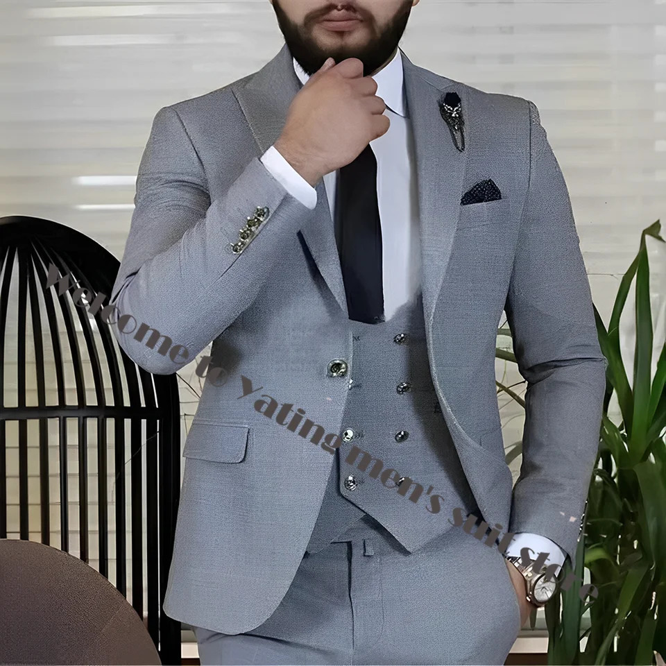 3 Piece Business Mens Suit Jacket Pants Vest Silver Button Formal Male Suit Multiple Colors Wedding Groom Tuxedo 250530
