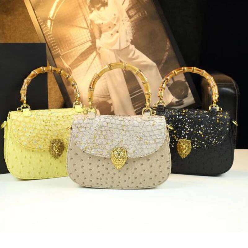 Lion Head Gold Handbag Brand Ostrich Pattern Fashion Design Genuine Leather Lady New Bamboo Handle Versatile Bag