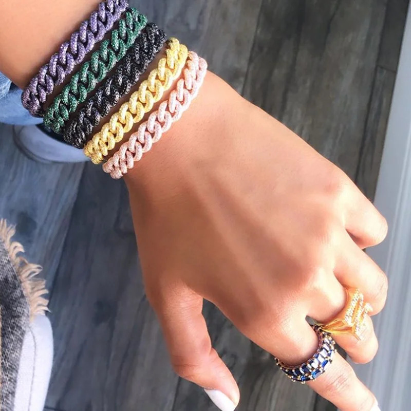 high quality Micro pave 5A cubic zirconia cz iced out bling 10mm colorful cuban link chain bracelet for women 250530