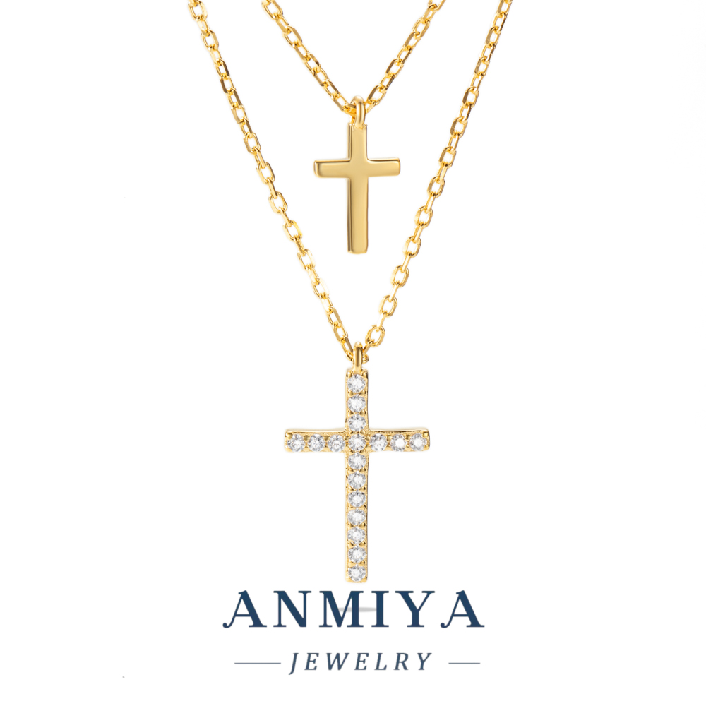 Minimalist 925 Silver Jewelry Double Layered Chain Cross Pendant Necklace with Zircon Inlay for Office and Casual Wear