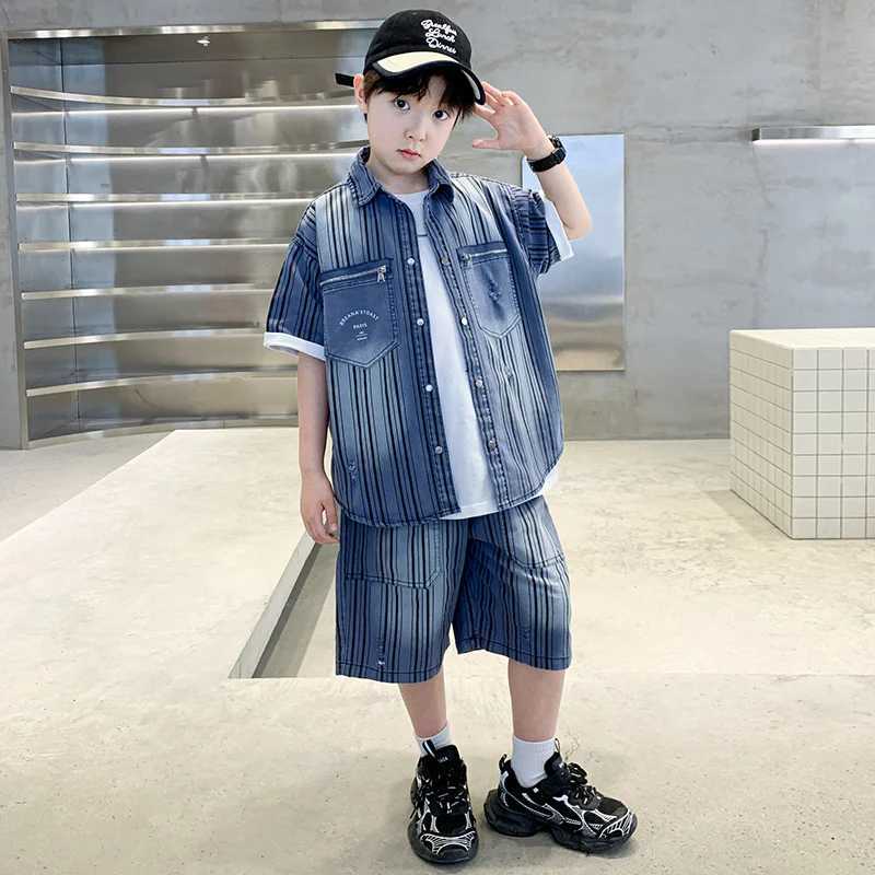 New Summer Kids Boy Clothing Set for Tweens Child Vertical Stripe Denim Shirt Shorts Cotton Two Pieces Clothes Suit For Teenager R250605