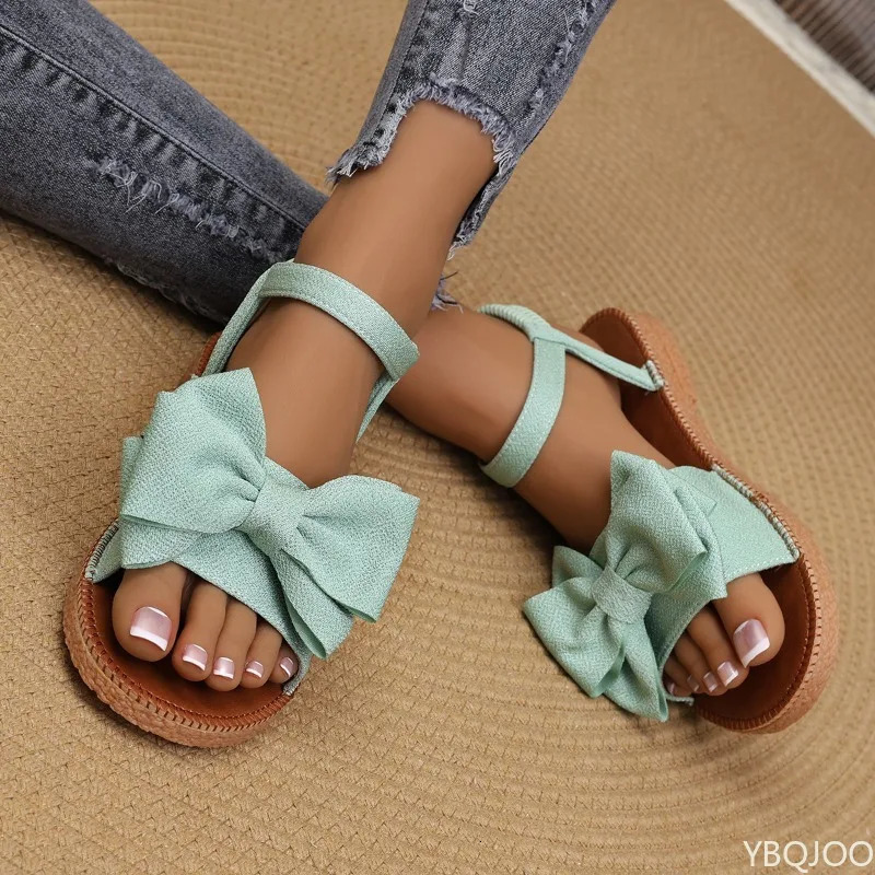 Summer Women Antislip Trend Sandals Lightweight Fashionable Beach Casual Slippers Outdoor Bow Tie Flat Shoes 250605