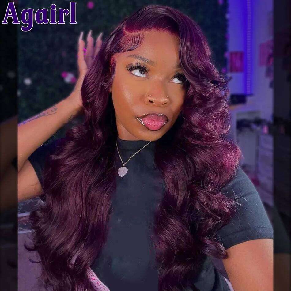 200% Density 13X6 Dark Purple Body Wave Human Hair Pre Plucked Ready Go Brazilian 99J 13x4 Wavy Lace Frontal Wigs For Women