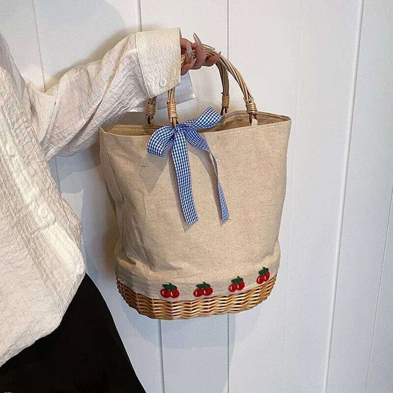 Grass Linen Patchwork Women Designer Rattan Woven Bag Large Capacity Portable Leisure Tote Girls Beach Shopping Basket