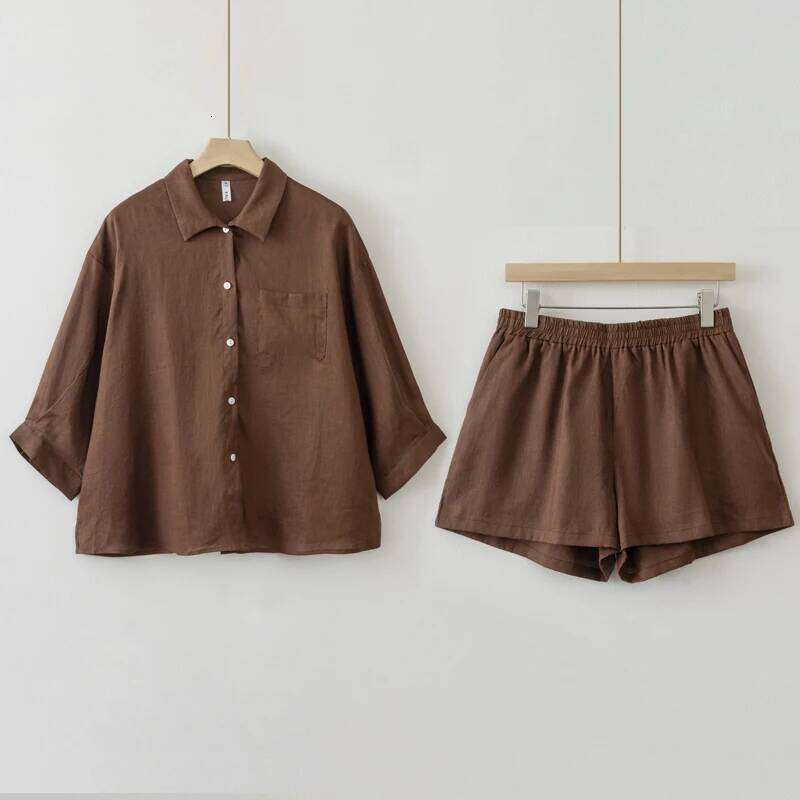Women 2025 Summer Casual Linen Blouse Shorts Sets