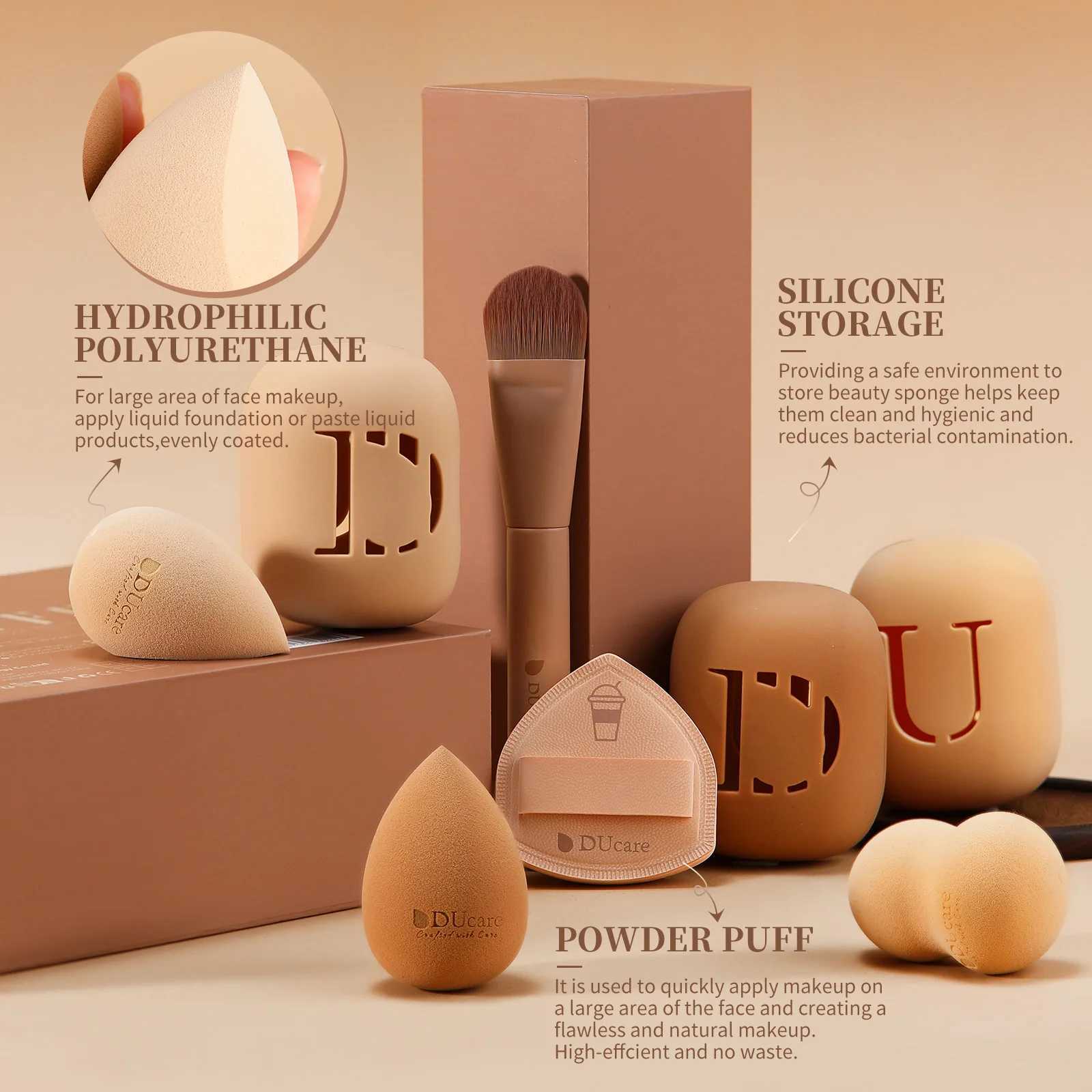 DUcare 14Pcs Coffee Makeup Brush Set with Sponge Foundation Blending Face Powder B Eyeshadow Brushes Valentine Christmas Gift W250605