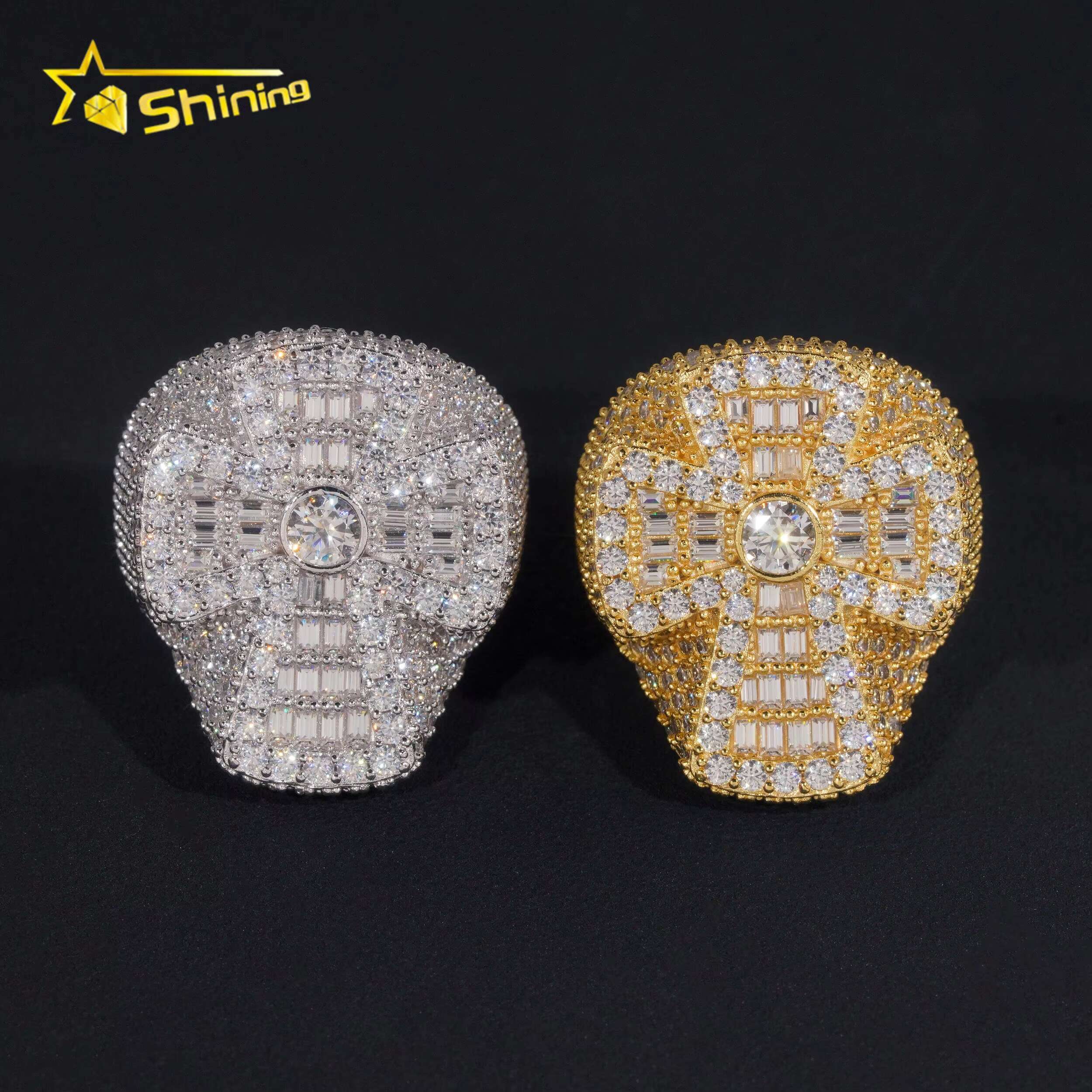 New GRA Certificate 925 Sterling Silver Gold Plated Fine Jewelry VVS Diamond Classic Cross Ring Moissanite Hip Hop Band Ring