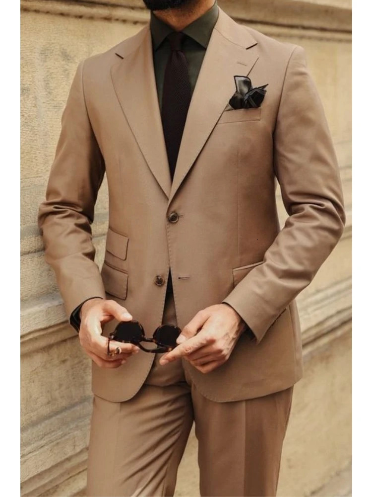 Light Brown Mens Suits Blazers Pant n Two Buttons Formal Slim Fit Casual Tuxedos Wedding Groom Men Costume Homme Mariage 250605A
