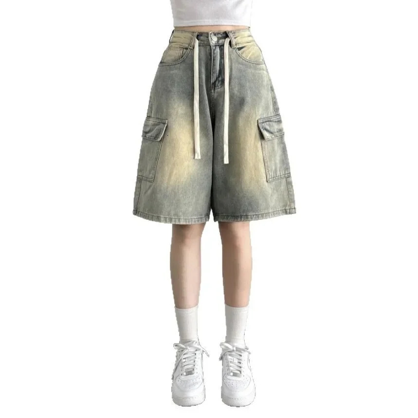 Loose Fit High Waist Straight Leg Denim Shorts with Big Pockets Japanese Style Workwear FivePocket Washed Jeans Shorts 250604