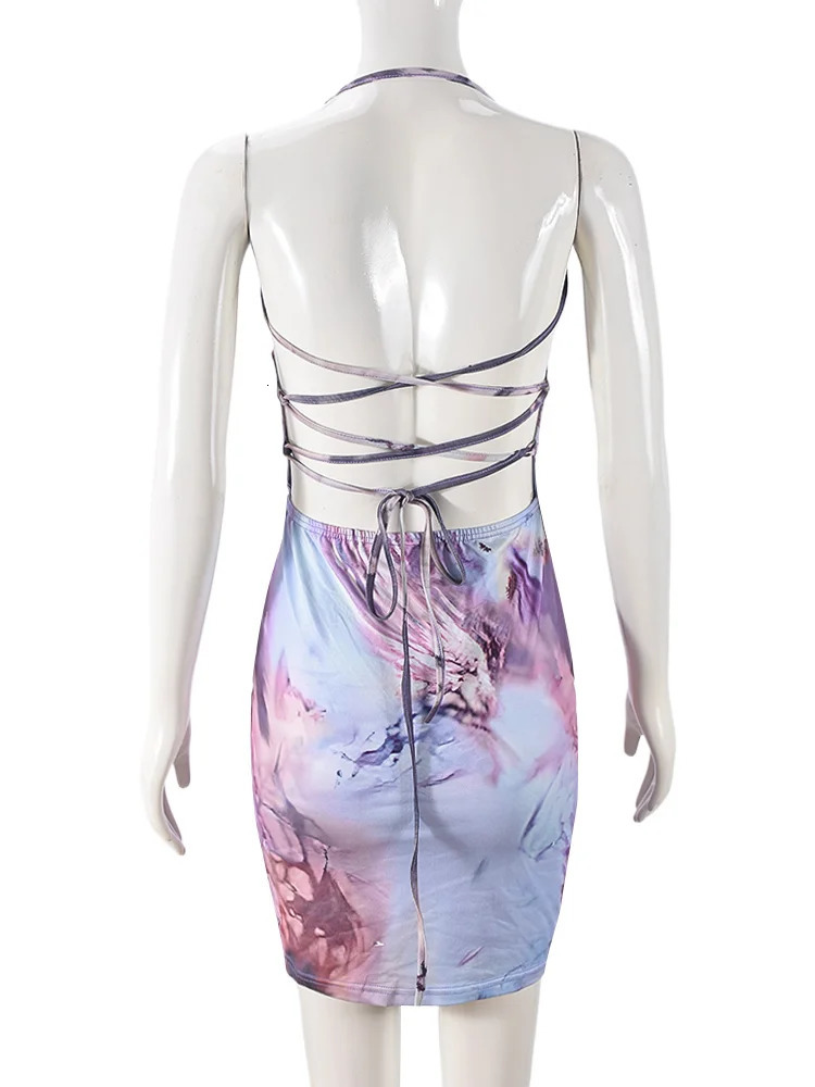 Nibber Sexy Colorful Print Dress Women Halter Low-Neck Hollow Lace-Up Sleevelee Hipster Skinny Stretch Clubwear Mini Bodycon 250604