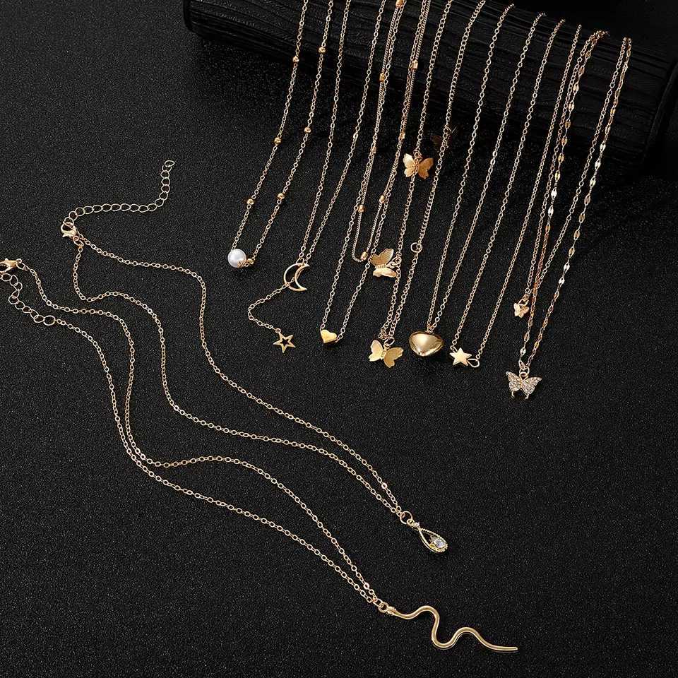 9 Pcs Multi-layered Gold Color Necklace Set for Women Fashion Zircon Pearl Heart Butterfly Star Moon Snake Pendant Necklaces Set XJ250604
