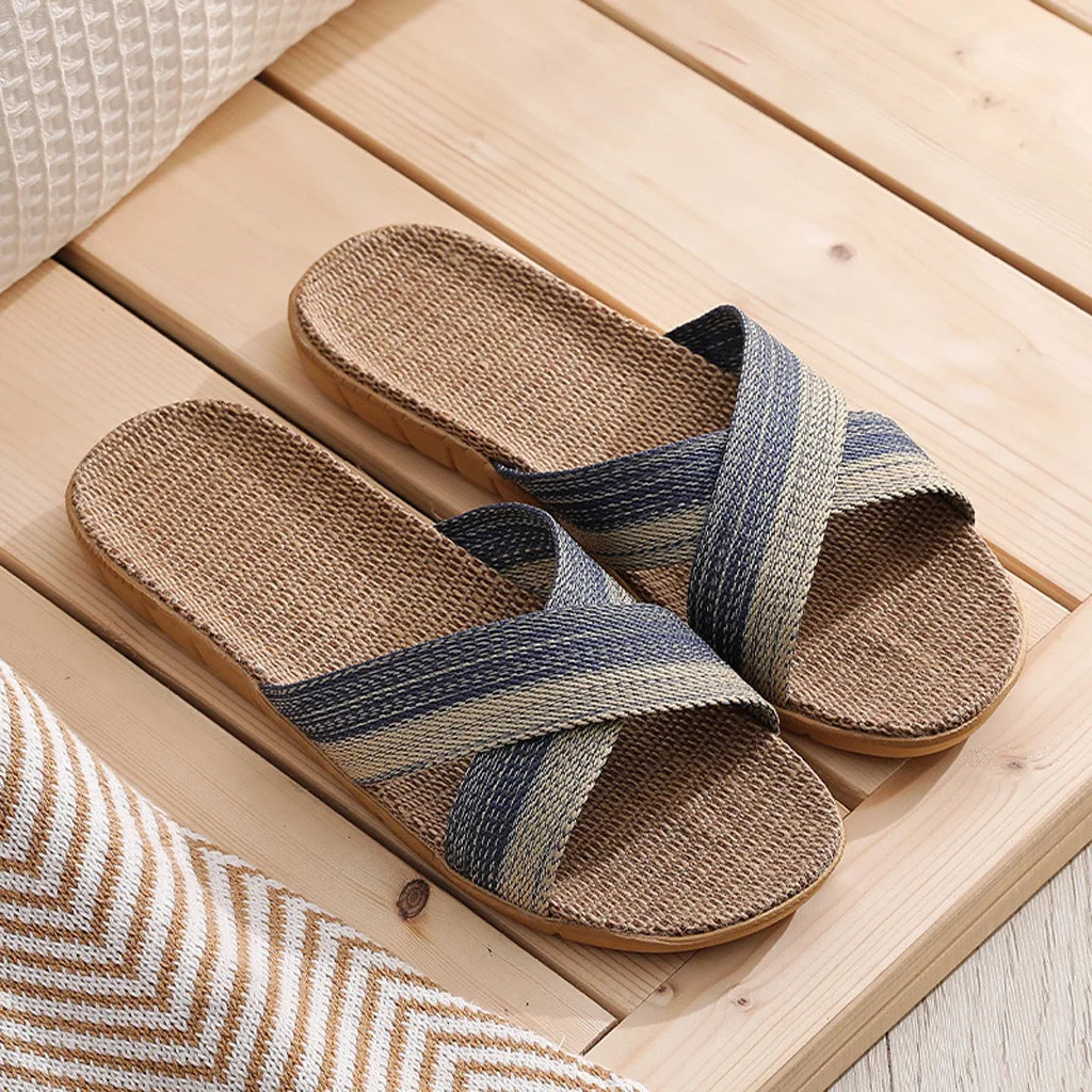 Men Shoes Slippers Linen Home Indoor Open Toe Flat Shoe Beach Slippers Striped Spliced Rubber Sandals Zapatillas Hombre 250605