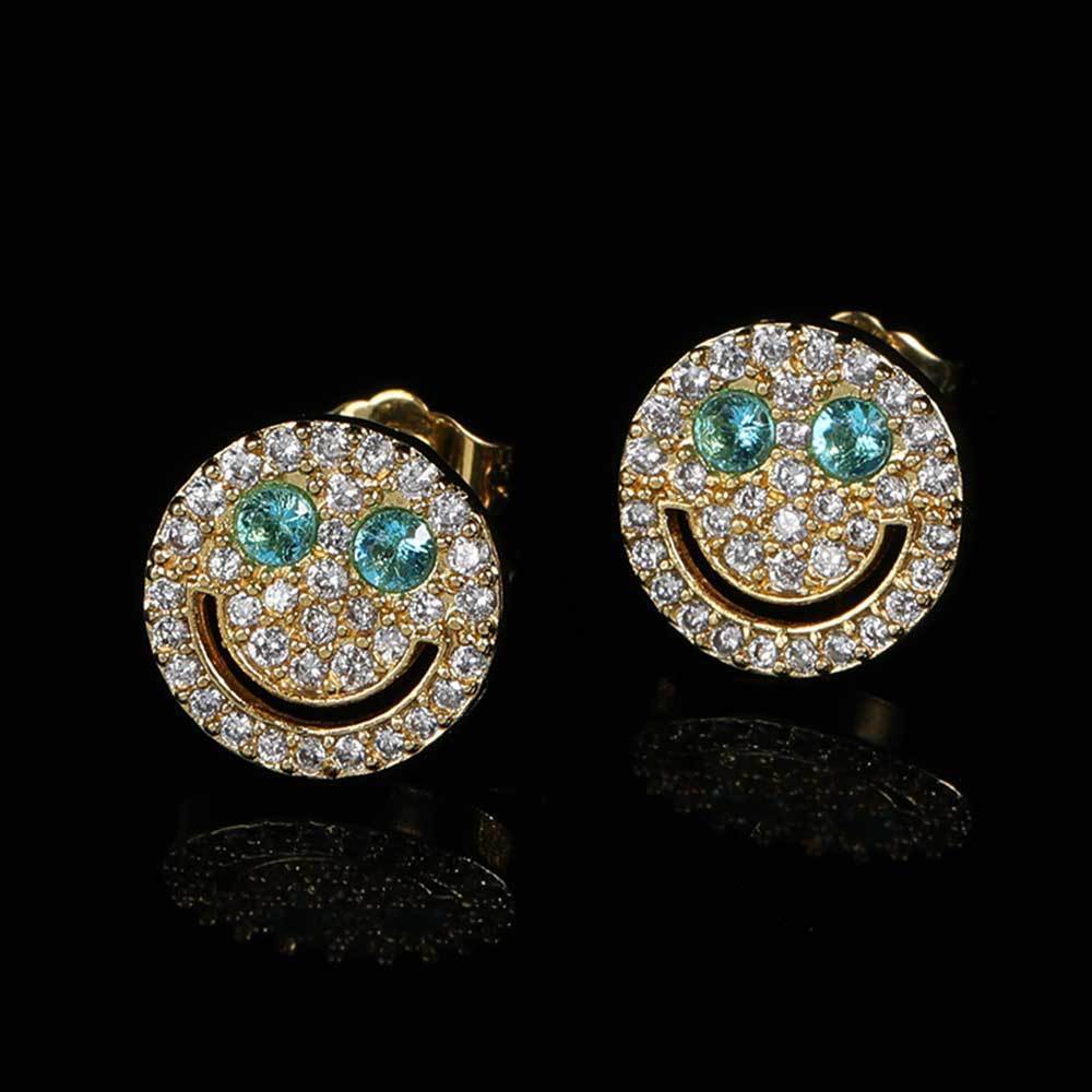 Hip hop inlaid with Moissanite smiling face Earrings personality eyefun real gold electroplating 925 silver needle Earrings