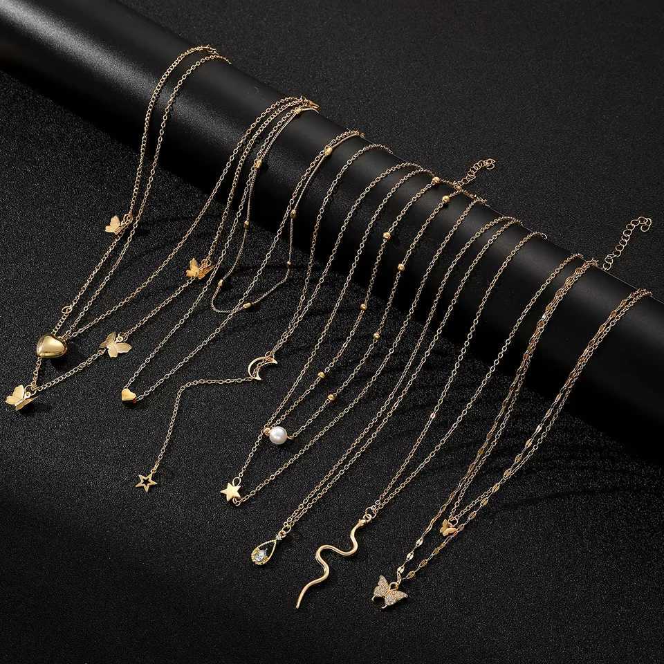 9 Pcs Multi-layered Gold Color Necklace Set for Women Fashion Zircon Pearl Heart Butterfly Star Moon Snake Pendant Necklaces Set XJ250604