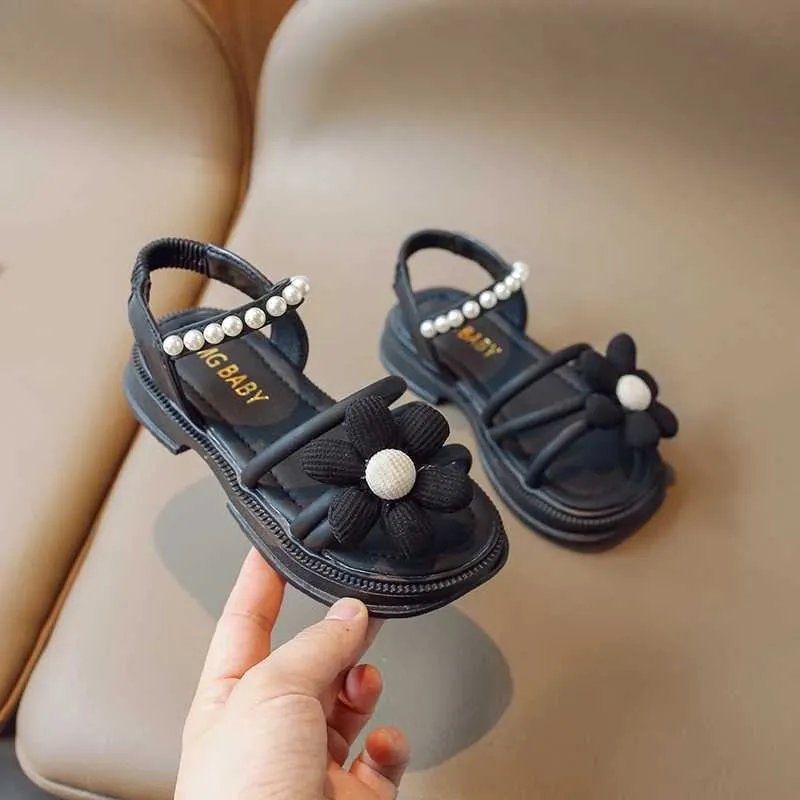 Sandals Childrens Girls Fashion Flower Pearl Sandals 2024 Summer Princess Breathable Non-Slip Sandals Flat Beach Soft Shoes for Kids z250708U378