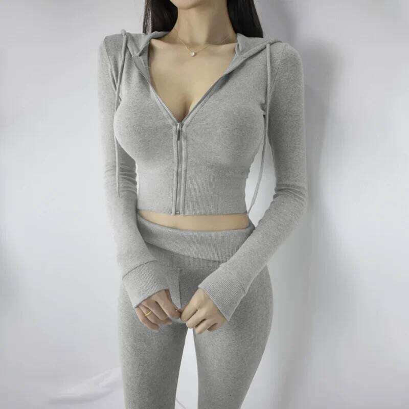 Korean Dongdaemunslims Women's Sexy Sports Suit Hooded Zip-Up Short Jacket Bell-Bottom Pants Slimming Effect