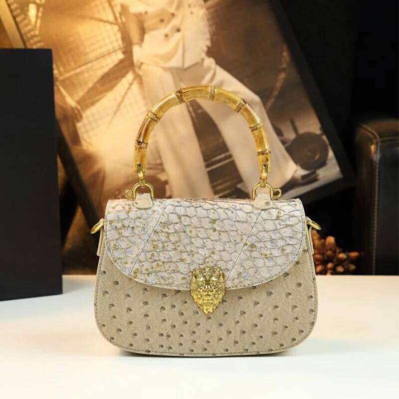 Lion Head Gold Handbag Brand Ostrich Pattern Fashion Design Genuine Leather Lady New Bamboo Handle Versatile Bag