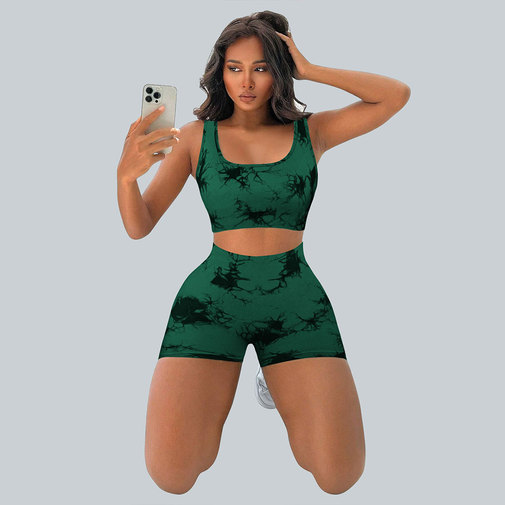 Outdoor sports and fitness tie dye seamless bra and women's high waist and hip lifting peach shorts two-piece set