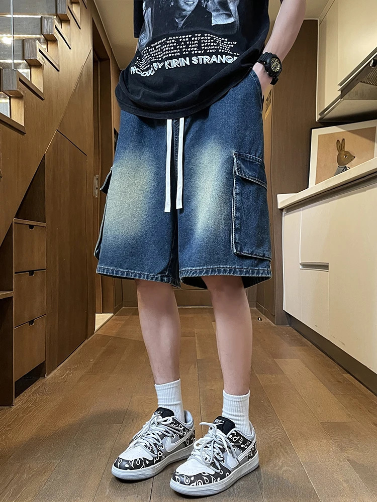 Summer Mens Cargo Denim Shorts Baggy Straight Fashion Casual Wide Leg Short Pants Big Pocket Beach Vacation Jeans Male 250604