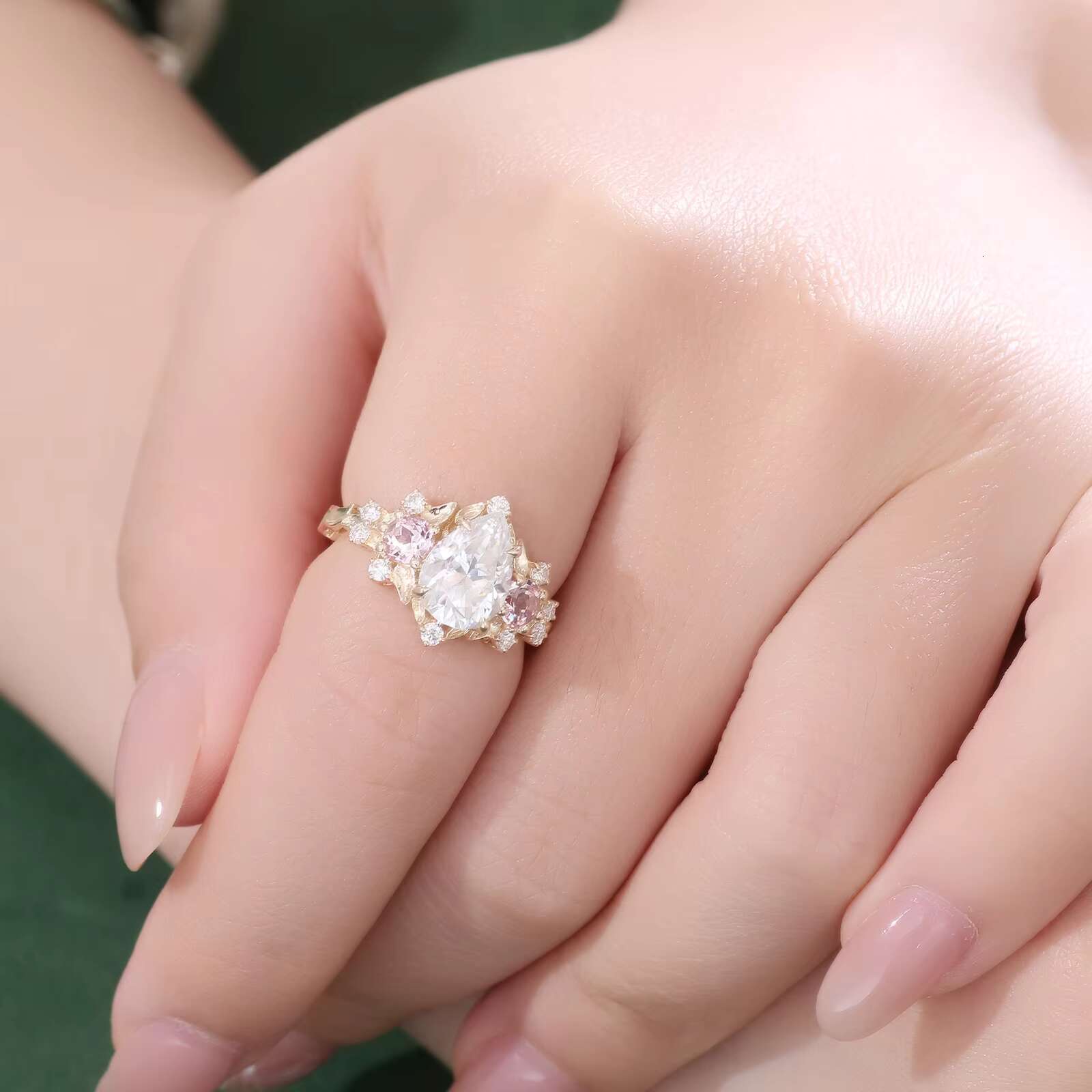 Vintage 14k Yellow Gold Cluster Pear Shape 2 Ct DEF High Quality Moissanite Ring Womens Fine Jewelry Provence Wedding Ring